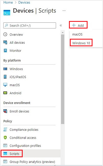 Adding a PowerShell script in Intune – Devices, Scripts, Add, Windows 10